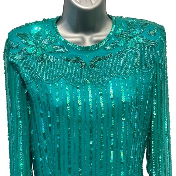 Nadine Boutique Vintage 100% Silk Hand Beaded Turquoise Green Cocktail Dress-M - Picture 3 of 16